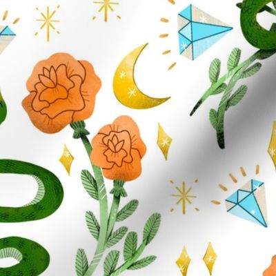 Magical Snakes and Roses (Medium on White)