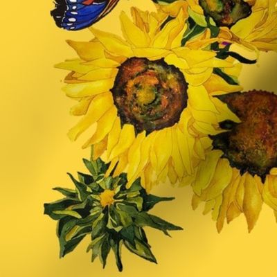 105.  MEDIUM Blue butterfly & Sunflowers on Bright Yellow 