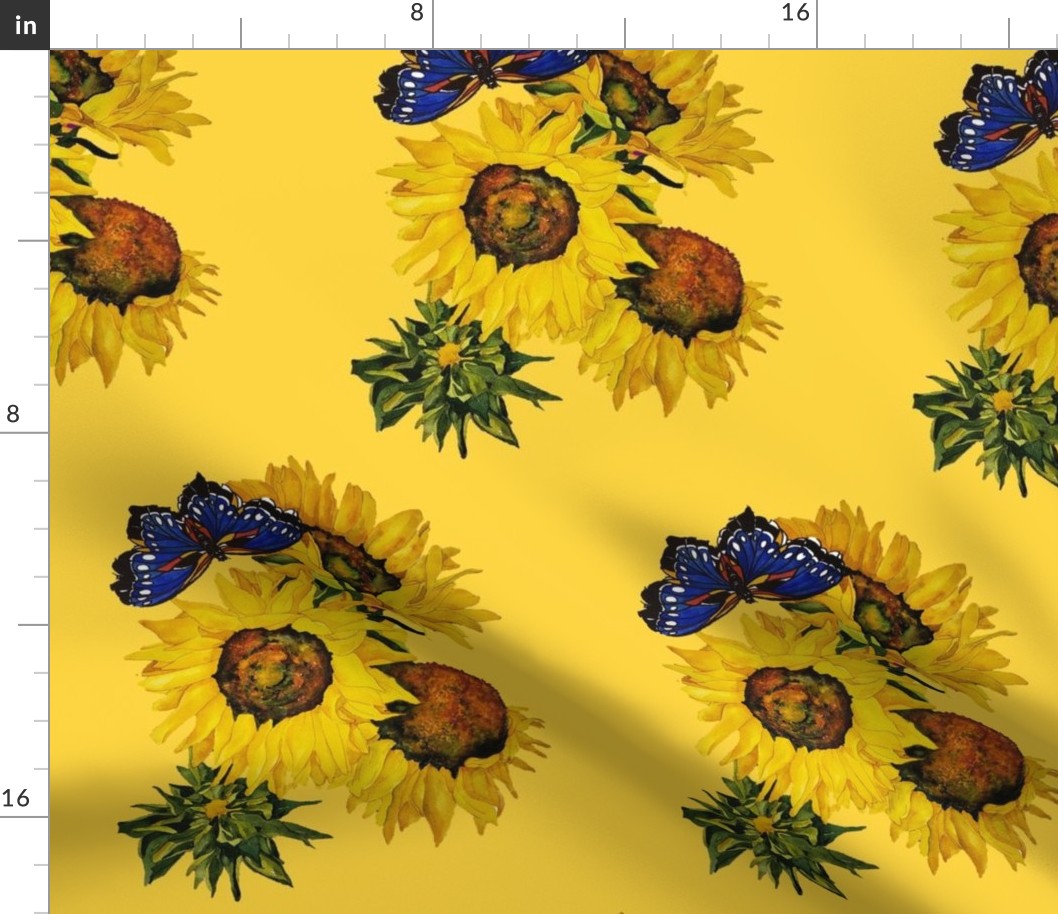105.  MEDIUM Blue butterfly & Sunflowers on Bright Yellow 