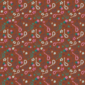 Hissterical Snakes, 6 inch, Medium Scale, Rust Background, Bubblegum Pink, Teal, Plum, Mint Green