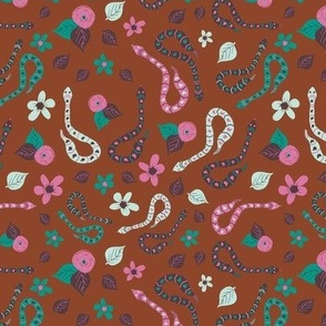 Hissterical Snakes, 6 inch, Medium Scale, Rust Background, Bubblegum Pink, Teal, Plum, Mint Green