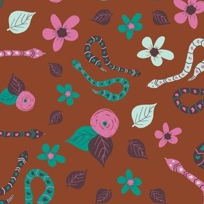 Hissterical Snakes, 12 inch, Large Scale, Rust Background, Bubblegum Pink, Teal, Plum, Mint Green
