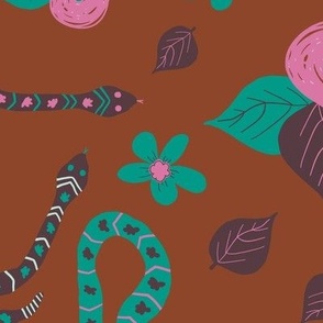 Hissterical Snakes, 24 inch, X-Large Scale, Rust Background, Bubblegum Pink, Teal, Plum, Mint Green