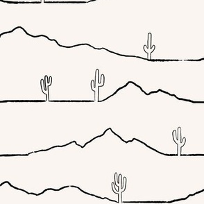Black and Off White Desert Mountain Line Art with Cacti