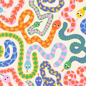 Happy Snakes: Brilliant bright colorful snakes, cute animal illustration for kids in pink, blue, yellow and green colors - Medium