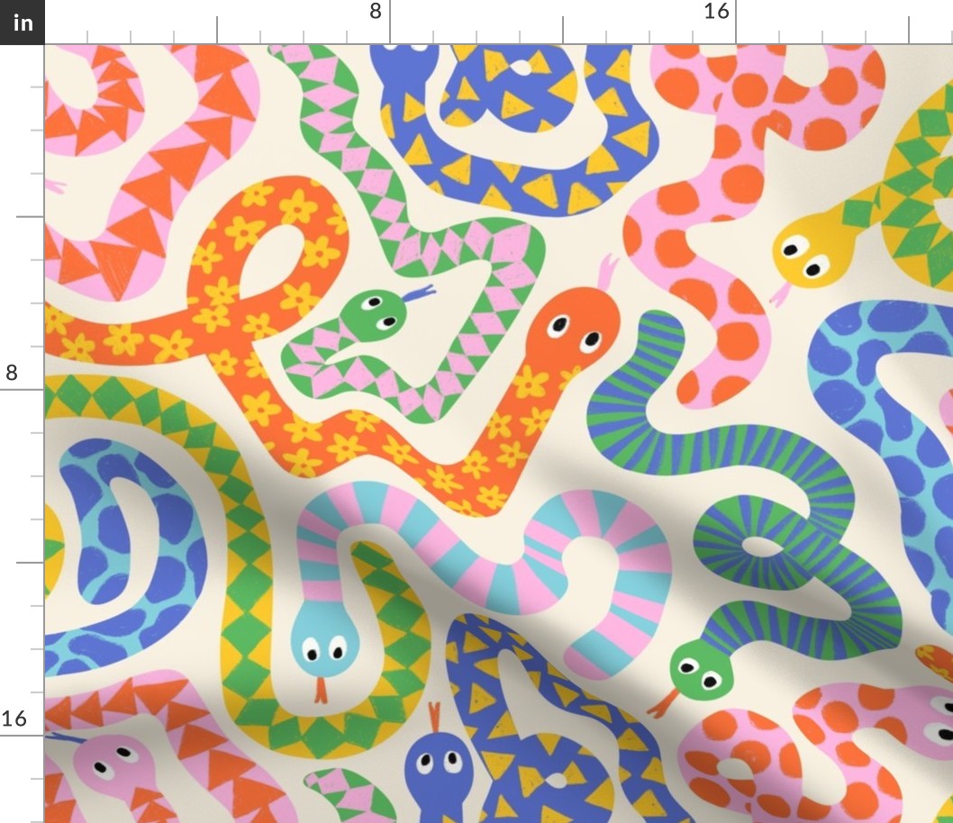 Happy Snakes: Brilliant bright colorful snakes, cute animal illustration for kids in pink, blue, yellow and green colors - Medium