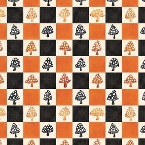 Halloween Mushroom Checks Checkerboard - Ditsy Scale - Black and Orange