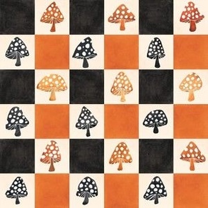 Halloween Mushroom Checks Checkerboard - Small Scale - Black and Orange