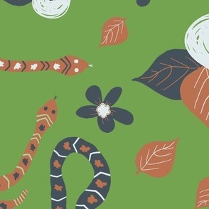 Hissterical Snakes, 24 inch, X-Large Scale, Green Background, Mint Green, Light Cream, Rust, Dark Blue