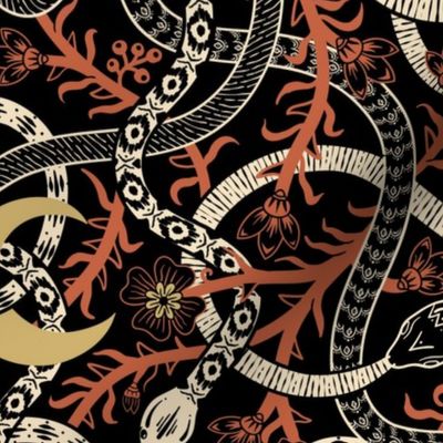 Writhing snakes, vines, flowers and moon - vintage red-orange and gold on black - large
