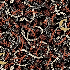 Writhing snakes, vines, flowers and moon - vintage red-orange and gold on black - large