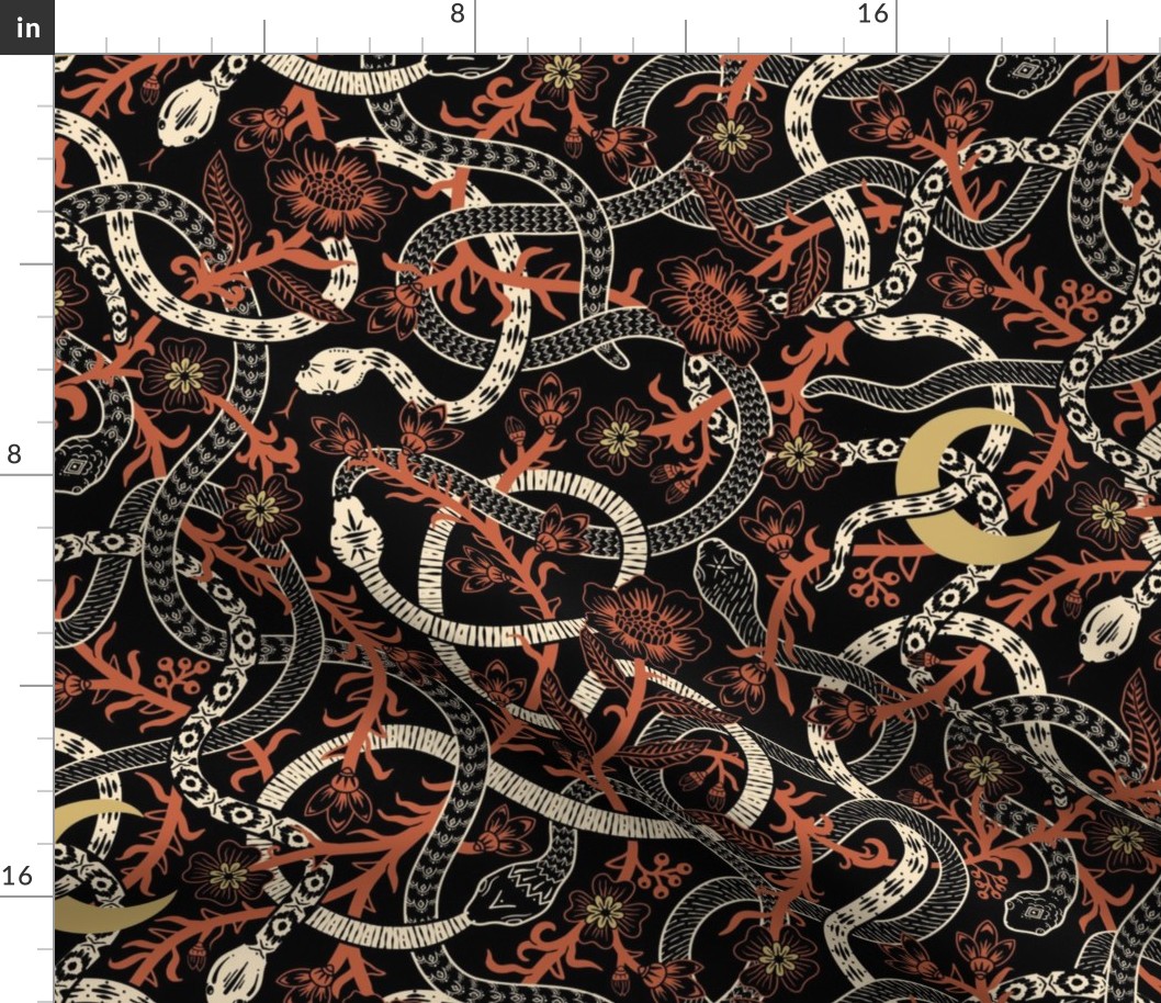 Writhing snakes, vines, flowers and moon - vintage red-orange and gold on black - large