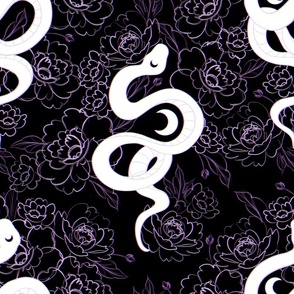 White tattoo inspired snake with moon and sketchy purple peonies on black background (medium size version)