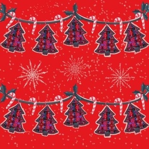 Patchwork fir tree bunting on bright red with candy canes and snowflakes small