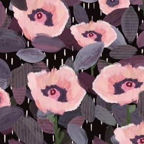 Floral Modern Retro Poppies Pink Boho Black  