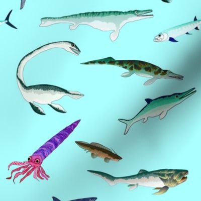 10 Extinct Sea Monsters scatter 4in on cyan