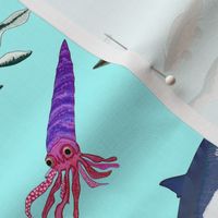 10 Extinct Sea Monsters scatter 4in on cyan