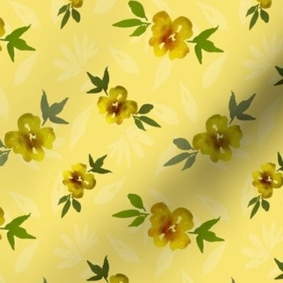 Loose watercolor Flowers -elemental on yellow background of leaves-small scale