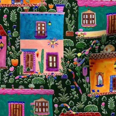 Watercolor painted Mexican colorful  houses animals green BIG