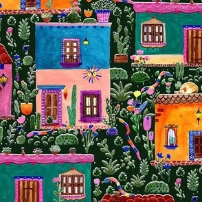 Watercolor painted Mexican colorful  houses animals green BIG