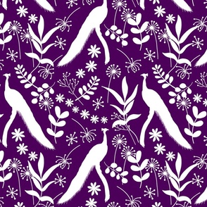 Peacock Jubilee - white silhouettes on royal dark purple, medium 