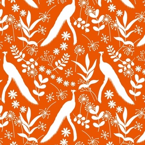 Peacock Jubilee - white silhouettes on paprika burnt orange, medium 