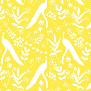 Peacock Jubilee - white silhouettes on sunny yellow, medium 