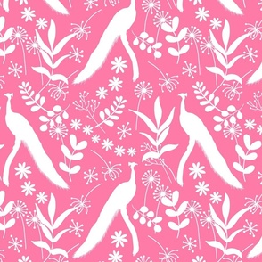 Peacock Jubilee - white silhouettes on hot pink, medium 