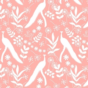 Peacock Jubilee - white silhouettes on rose coral pink, medium 