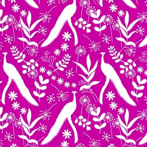 Peacock Jubilee - white silhouettes on fuchsia pink, medium 