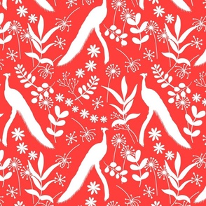 Peacock Jubilee - white silhouettes on vermilion red, medium 