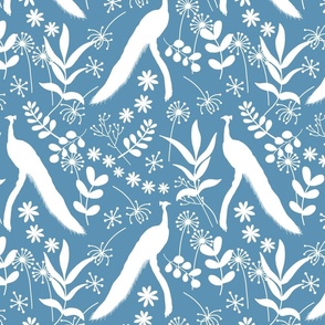 Peacock Jubilee - white silhouettes on teal blue, medium 