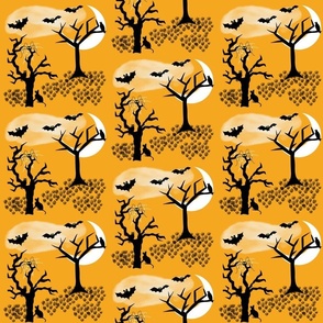 Halloween trees, bats, cats, orange, black, white