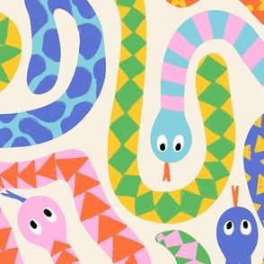 Happy Snakes V1: Brilliant bright colorful snakes, cute animal illustration for kids in pink, blue, yellow and green colors - Large