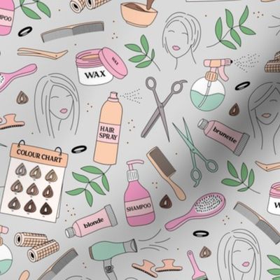 Beauty day in the hair salon - hair dressers natural supplies and salon illustrations green pink teal on gray 