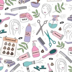 Beauty day in the hair salon - hair dressers natural supplies and salon illustrations pink lilac green on white