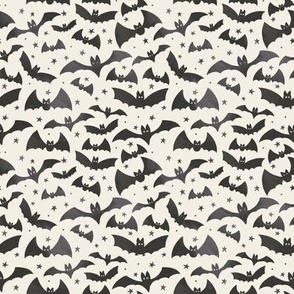 small scale halloween watercolor textured flying bats and stars in black and cream