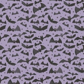 small scale halloween watercolor textured flying bats and stars in black and purple