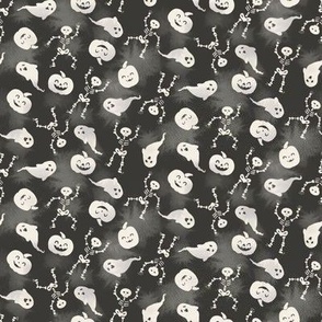 small  halloween dancing skeleton pumpkin and ghost in black watercolor texture