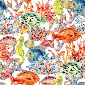 Watercolor colorful fish on white