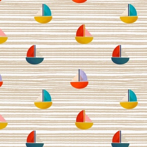 Colorful Boats Wave Stripe Beige