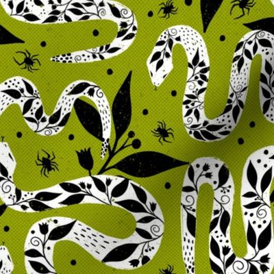 Gothic Snakes and Spiders on a Green Background