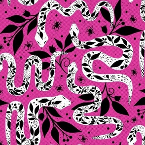 Gothic Snakes and Spiders on a Dark Pink Background