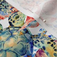 Watercolor sea life, sea turtle, colorful fish on white