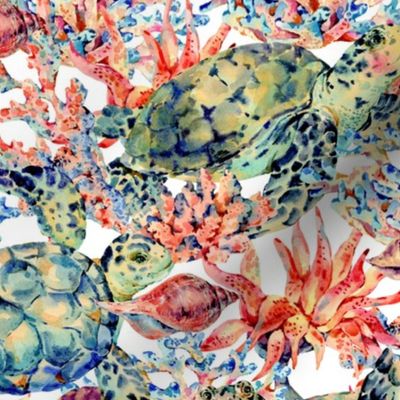Watercolor sea life, sea turtle, colorful fish on white
