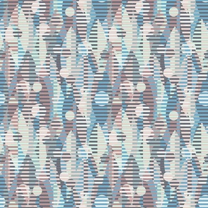 Geometric striped leaves with circles. Blue, light green, and light gray leaves