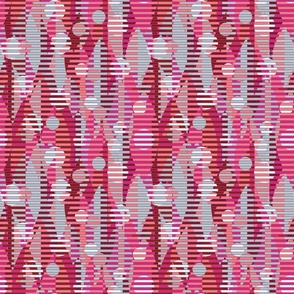 Geometric striped leaves with circles. Red, pink, and gray leaves