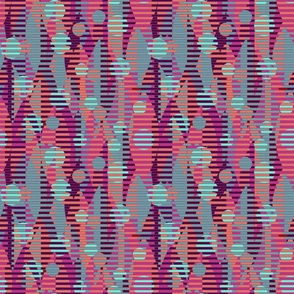 Geometric striped leaves with circles. Dark purple, pink, and gray leaves