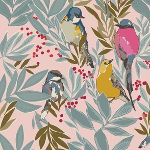 jumbo // Perched Birds Foliage and Berries in Trees on Blush Pink // 24"