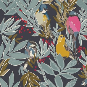 jumbo // Perched Birds Foliage and Berries in Trees on Midnight Grey // 24"